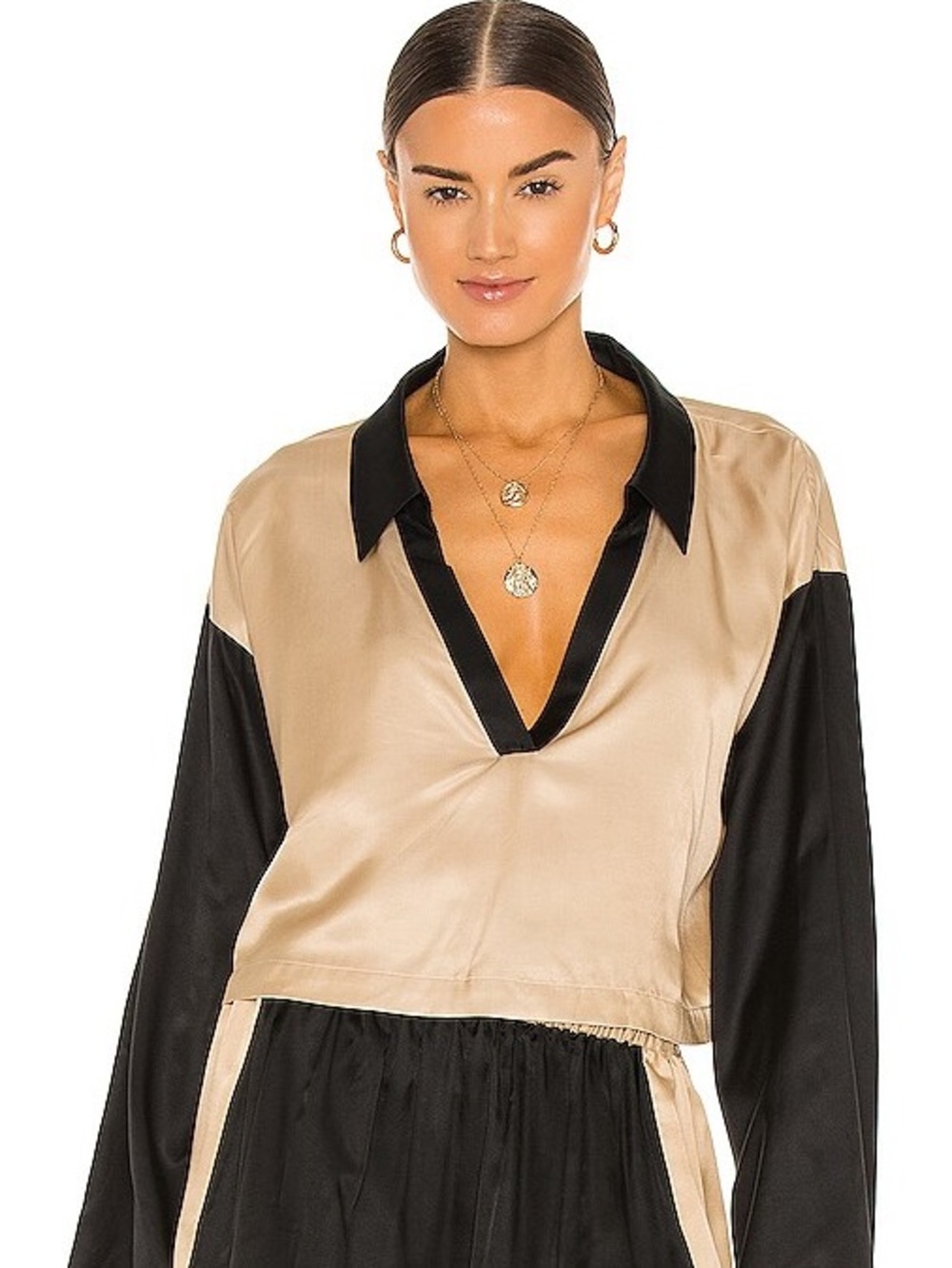 Weekend Stories Two-Tone Satin-Feel Cropped Blouse